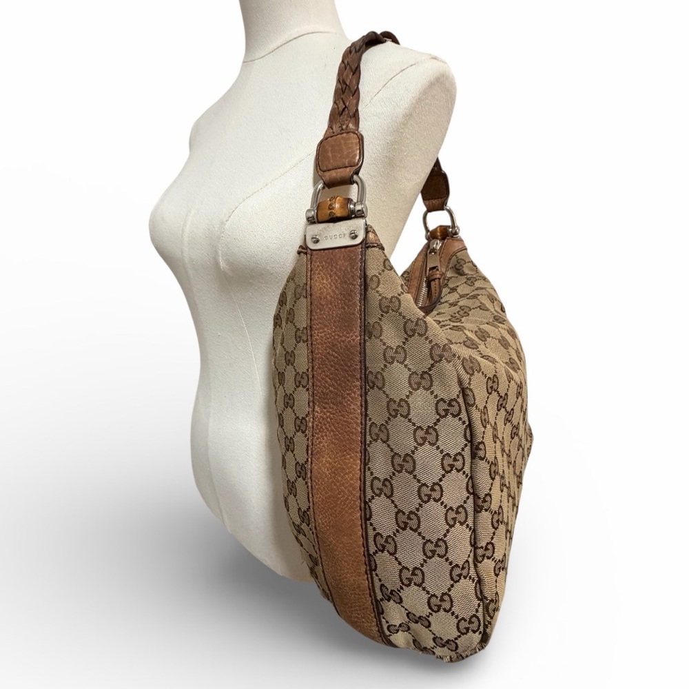 Gucci GG Canvas Bamboo Hobo Bag Brown Leather Braided Strap - Picture 2 of 12